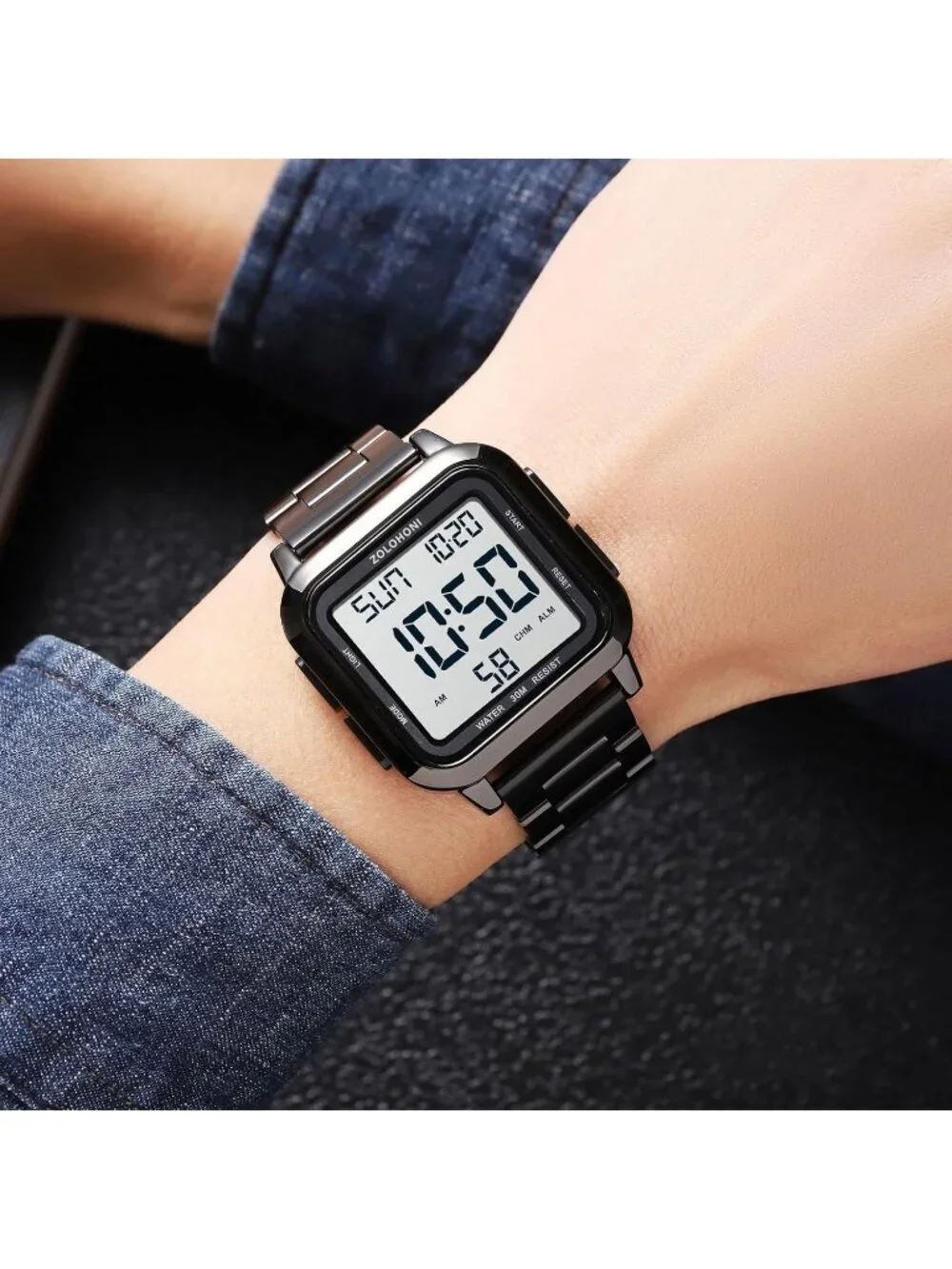 Men All Black Analog Quartz Stainless Steel Waterproof Square LED Digital Watch